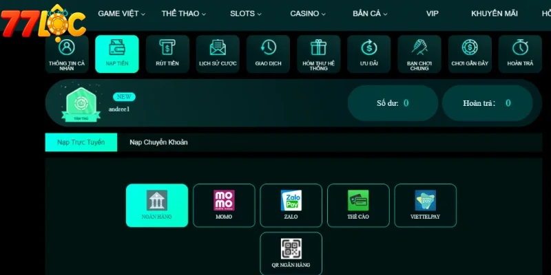 Hình ảnh giao diện trang nạp tiền trực tuyến của 77loc hiển thị rõ ràng